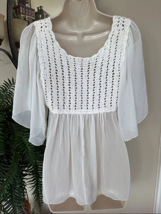Dress Barn White Crochet Yoke Flutter Sleeve Blouse Open Knit Sheer Flowy Boho - Picture 7 of 12